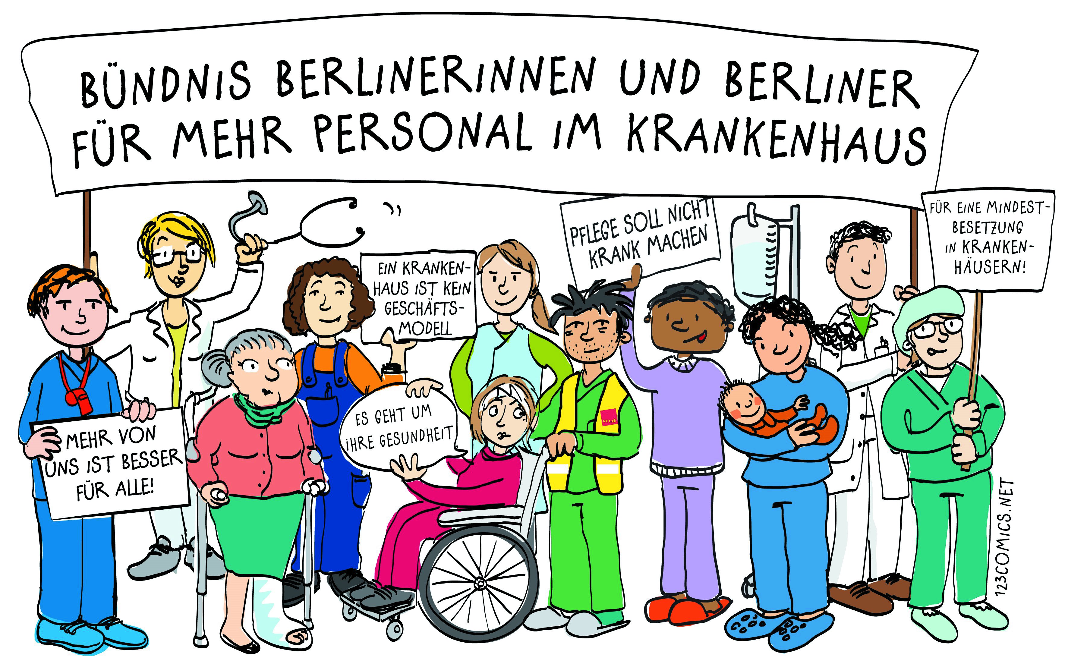 Foto: 123Comics. Lizenz: All rights reserved. Das Bündnis Berlinerinnen und Berliner für mehr Personal im Krankenhaus gründet sich im Juli 2013 um sich mit den Streikenden zu solidarisieren, aber auch, um eigene Interessen an einer guter pflegerischen Versorgung im Krankenhaus durchzusetzen.